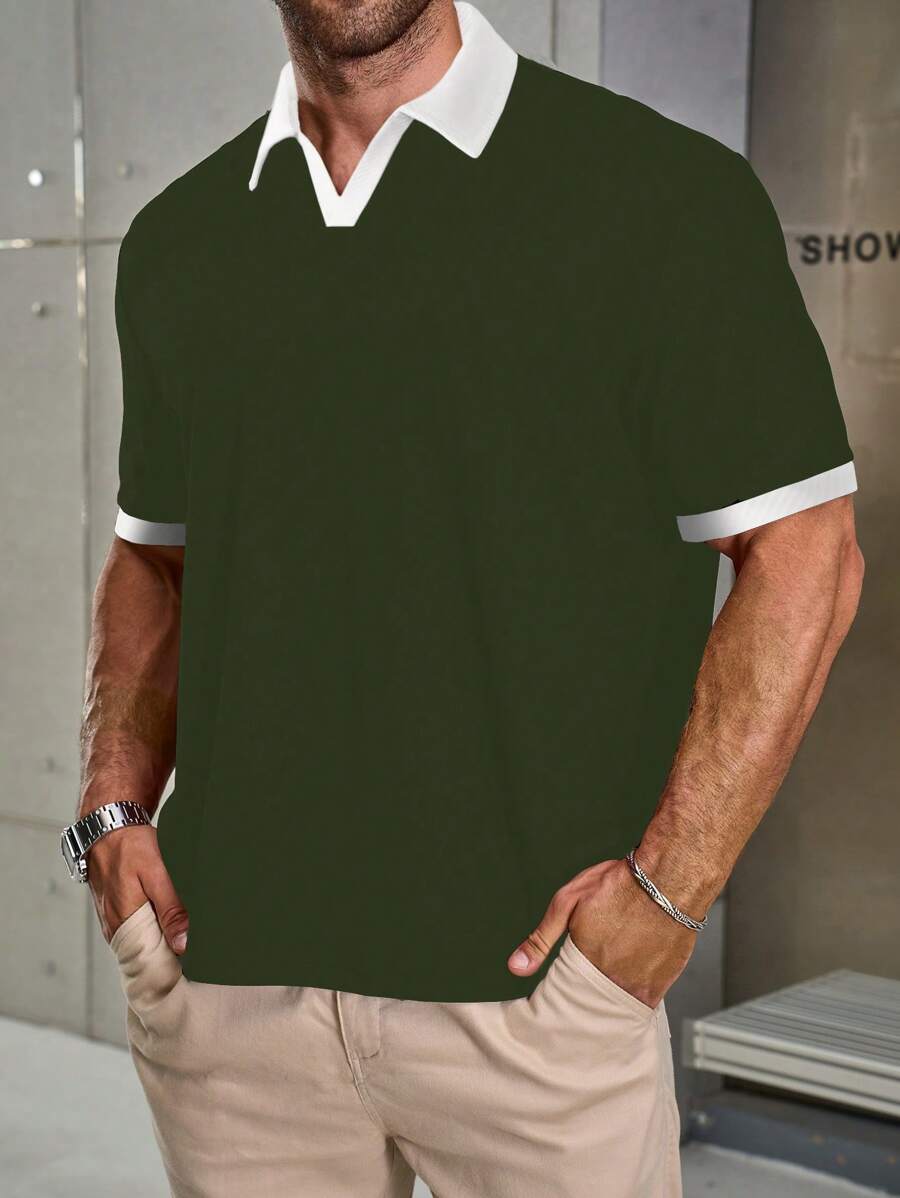 Manfinity Homme Camisa polo casual de manga corta con bloqueo de color para hombre talla grande
