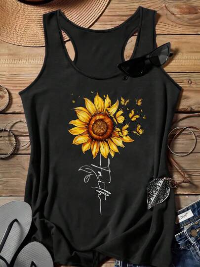 EMERY ROSE Sunflower Print Casual Minimalist Camisole Tank Top, Suitable For Plus Size In Summer Back To School,Spring/Vacation