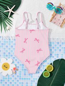 SHEIN Cute Pink Striped Bow Print Young Girls' Simple Casual One-Piece Swimsuit, Suitable For Summer - Multicolor - View 2