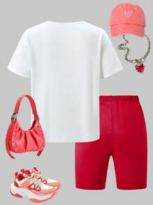 SHEIN 2pcs/Set Tween Girls Cozy Minimalist Heart Print Short Sleeve T-Shirt And Skinny Shorts Outfit, Suitable For Outdoor And Sports Outfit For Girl Outfit Set For Teen Girls