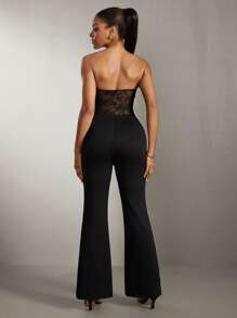 SHEIN SXY Eleganter Jumpsuit für Frauen mit kontrastierender Spitze und trägerlos mit weitem Bein - Schwarz - Übersicht 3