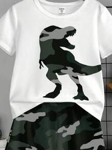 Set de 2 piezas de camiseta de manga corta de cuello redondo y shorts casuales para niño pequeño, adecuado para el verano - Multicolor - Ver 3