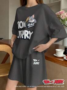 DAZY TOM AND JERRY X DAZY Casual Loose Letter Print Short Sleeve Top And Shorts Pajama Set