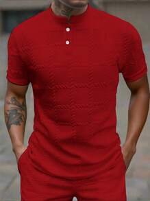 Manfinity Homme Áo thun polo cổ đứng tay ngắn màu trơn cho nam - Đỏ - Xem 8