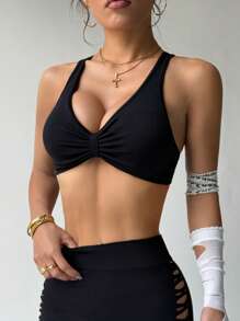 Easithlete Seamless Sports Bra, Solid Color Minimalist, Suitable - Black - View 3