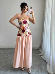 Elenzga Women's Floral Print Tube Dress Maxi Women Outfit - Pink - View 4