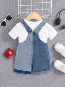 SHEIN 男婴休闲复古水洗撞色翻盖口袋工装裤牛仔连体衣，男婴春夏装 - 藍色 - 查看 2
