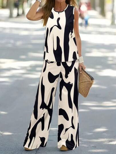 SHEIN PETITE 2pcs Women Sleeveless Round Neck Top And Pants Set, Minimalist Fashion Suitable For Summer