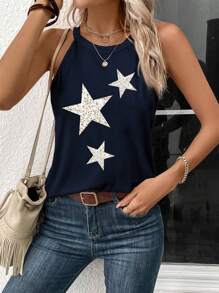 SHEIN LUNE Women Casual Star Print Round Neck Tank Top, Suitable For Summer - Navy Blue - View 4