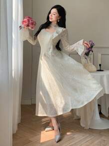 Váy voan dài tay loe thanh lịch màu trơn buộc eo cho nữ, Xuân/Hè/Thu, nhún bèo, trang phục trở lại trường - trắng - Xem 3