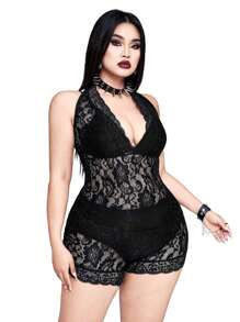 Flirla Mono elegante con escote en V, encaje transparente y sin mangas - Negro - Ver 6