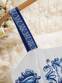 2 件套女士复古印花吊带背心上衣和裙子套装，休闲假日风格 - 藍色 - 查看 7