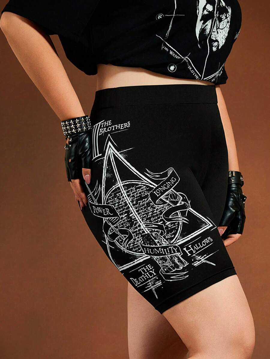 HARRY POTTER X SHEIN 加大码字母和图案印花骑行短裤、紧身裤 死亡圣器图案黑色紧身裤 女士夏季/夏季/夏季/欧洲夏季骑行短裤飘逸裤 狂欢节/音乐会女士/狂欢/乡村音乐会/纳什维尔/伊比沙岛嬉皮士女士