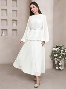 Veilorie Women Elegant Solid Color Waist Wrap Long Sleeve Abaya Dress - Beige - View 5
