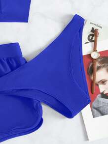 Swim Basics 3pcs Solid Color Bikini Swimsuit Set, Vacation/Beach For Summer - Royal Blue - View 5