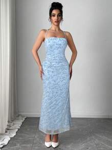 Firerie Festival New Valentine's Day Elegant Romantic Pink Flocked Floral Spaghetti Strap Cinched Waist Asymmetrical Ruched Mermaid Maxi Dress - Blue - View 3