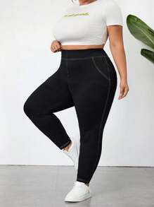 SHEIN CURVE+ Mallas ceñidas informales elásticas con pespuntes visibles para mujer tallas grandes, transpirables que absorben la humedad, para verano, con curvas, para vacaciones Hoho