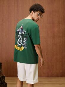 HARRY POTTER X SHEIN Unisex Casual Loose Badge Logo Print Green T-Shirt, Short Sleeve Spring/Summer - Green - View 2