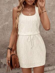 SHEIN LUNE Spring Apricot Color Textured Fabric Sleeveless Drawstring Waist Strap Apricot Women Mini Dress Vacation Dress - Apricot - View 1