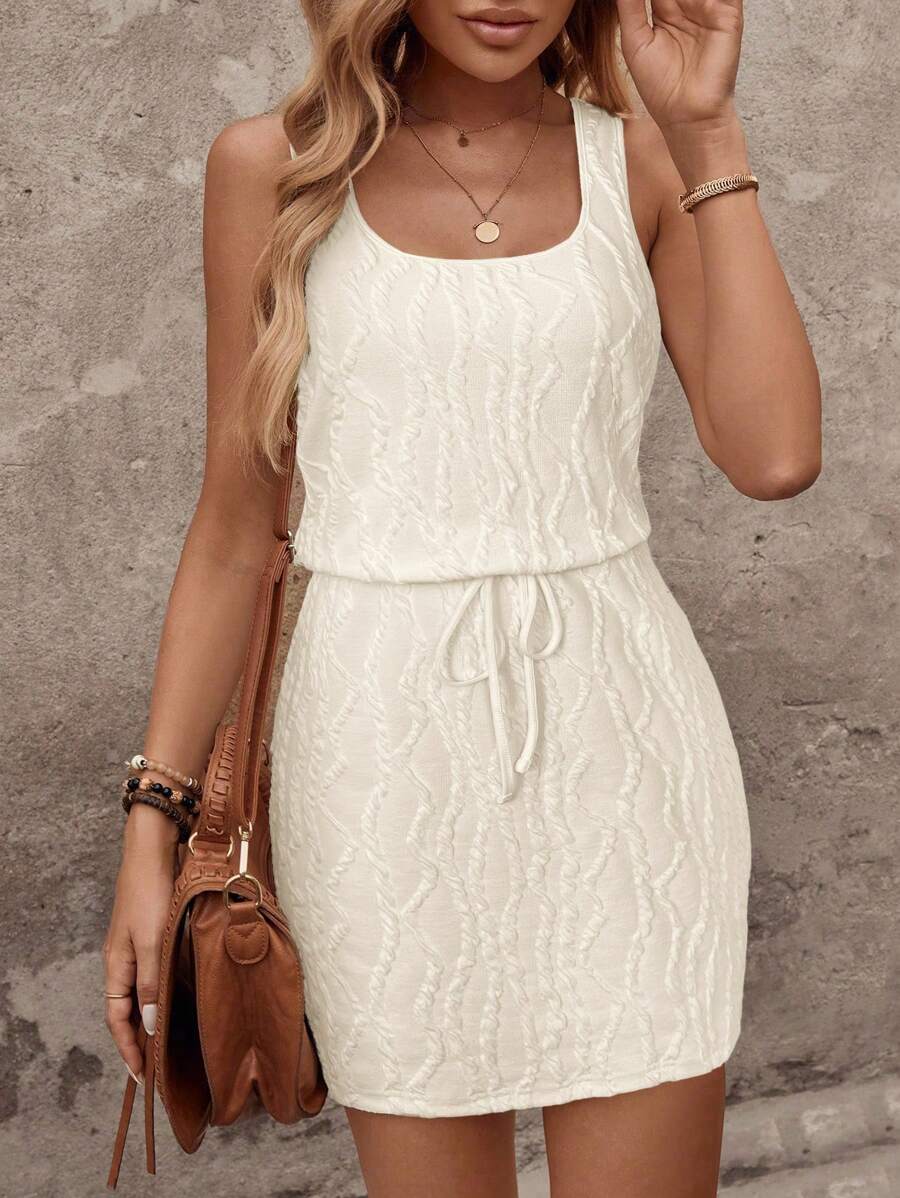 SHEIN LUNE Spring Apricot Color Textured Fabric Sleeveless Drawstring Waist Strap Apricot Women Mini Dress Vacation Dress - Apricot - View 1