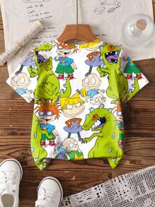Nick 90s | SHEIN Young Boy Cartoon Graphic Round Neck Short Sleeve T-Shirt, Summer - White - View 2