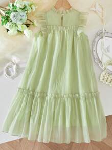 Vestido de tutú de princesa para niñas en verano con cuello redondo, sin mangas, decoración de perlas y tela de malla