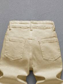 SHEIN Tween Boys' Casual Modern Street Style Distressed Waistband Adjustable Elastic Waist 5-Pocket Skinny Fit Jeans, Versatile Denim Essential All Year Round