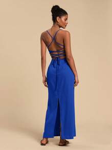 Travachic 女士纯色细肩带露背连衣裙，适合夏季 - 藍色 - 查看 2