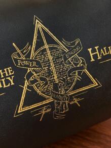HARRY POTTER X SHEIN 1 pieza Bolsa de maquillaje de gran capacidad con patrón geométrico y de letras de las Reliquias de la Muerte, regalos, de vuelta a la escuela - Negro - Ver 2