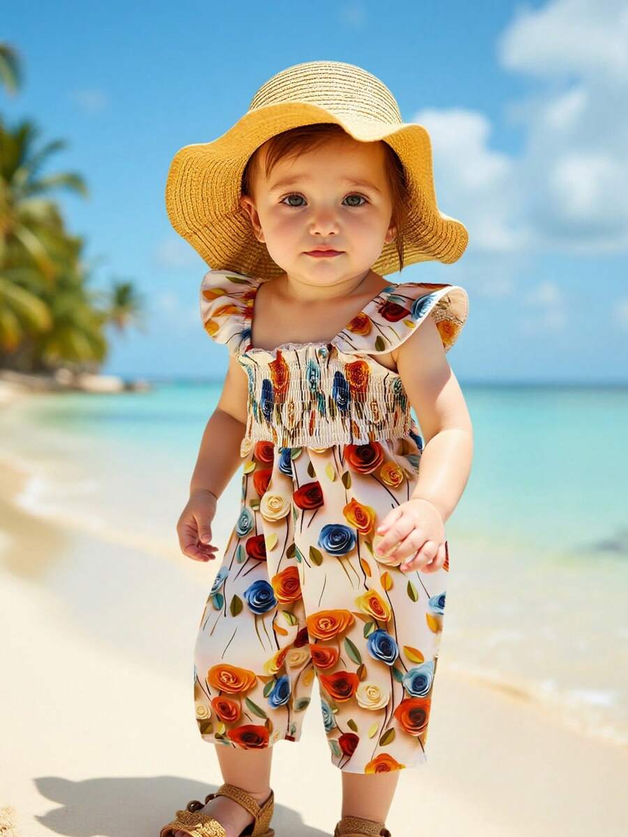 Baby Girls Sleeveless Square Neck Floral Print Jumpsuit: Adorable Shirred Long Jumpsuit For Summer - Multicolor - View 1