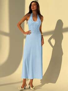 Aloruh Vestido ceñido con escote en V sin mangas con aplicaciones de encaje para mujeres - Celeste - Ver 3