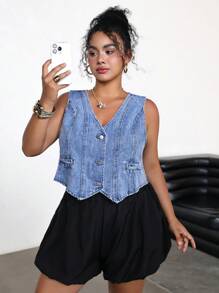 SHEIN ICON Plus Size Denim Casual Fitted Sleeveless Vest, Blue, Summer Beach Vacation, Suitable For Daily Dating, Night Out, Nightclubs, Parties, Get-Together, Pool Parties, Holiday Women, Music Festival, Country Music Festival, Concert, Summer /Cute Summer Tops, Festival/Festival, Rave/Concert/Country Concert /Rave/Rave Festival/Nashville /Ibiza, Elegant, Boho/Bohemia/Boho ;Mother's Day Gift
