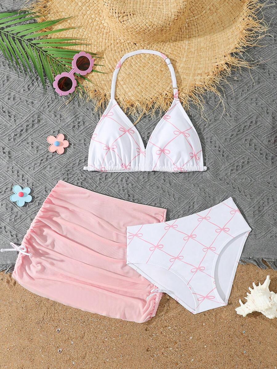 SHEIN Tween Girls 3 件套粉色蝴蝶印花比基尼套装带迷你裙，时尚度假风格，适合游泳、度假、夏季 - 粉色 - 查看 1