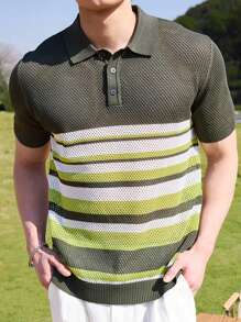Manfinity Hypemode Men's Striped Polo Collar Short Sleeve Casual Knit Sweater Polo Shirts For Men - Multicolor - View 4