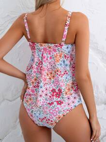 SHEIN Swim New Summer Floral Print With Chest Bow Women One-Piece Swimdress And Bikini Bottom Set - Multicolor - View 3