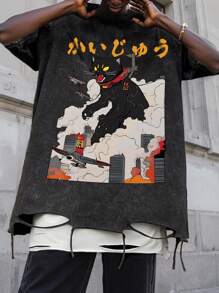 ROMWE MEN Anime Men's Anime Crew Neck Short Sleeve Cat Print Casual Top, For Daily Wear