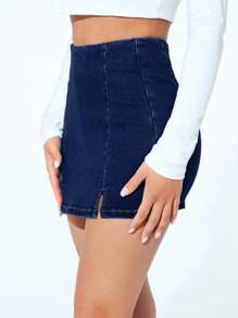 SHEIN PETITE Falda pantalón de mezclilla de cintura alta con abertura lateral, estilo de moda de verano