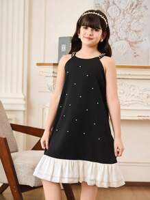 SHEIN Tween Girl' Beaded Pearl Decor Elegant Princess Ruffle Hem Dress - Multicolor - View 4