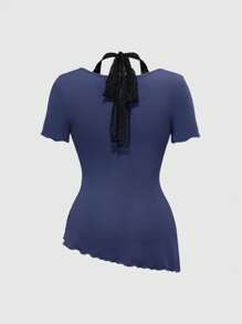 ROMWE Women's Knitted Lace Patchwork Asymmetrical Hem Lace Trim Halter Tie Waist T-Shirt - Navy Blue - View 2