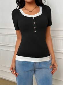 INAWLY T-shirt ajusté décontracté 2 en 1 à manches courtes avec design boutonné pour femmes