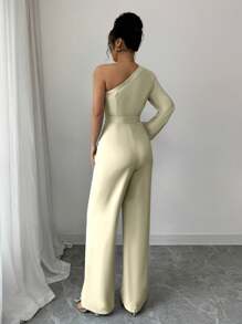 Elenzga Women Solid Color One Shoulder Long Sleeve Elegant Waisted Straight Jumpsuit - Apricot - View 2