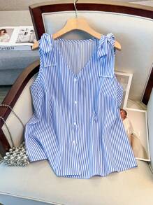 GlowEve CURVE 大码女式优雅条纹休闲衬衫，适合春夏季 - 藍白色 - 查看 1