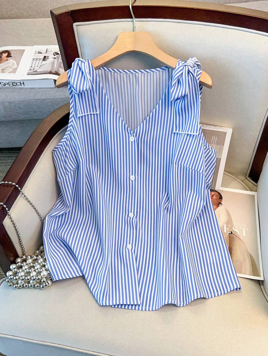 GlowEve CURVE Áo sơ mi sọc thanh lịch cỡ lớn dành cho nữ, phù hợp cho mùa xuân và mùa hè - Xanh và trắng - Xem 1