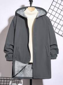 Tween Boy Casual Mid-Length Graphic Print Jacket, Suitable For Commuting, School, Casual, Campus, Sportswear, Autumn & Winter Seasons - Grey - View 7