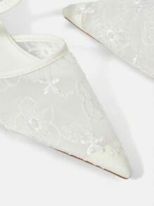 CUCCOO HITCHD Women's Elegant White Mesh & Lace Embroidery Pointed Toe Kitten Heel Mule Slip-On Sandals, Romantic Fashion High Heels For Wedding, Party, Date Night And Other Formal Occasions - White - View 6