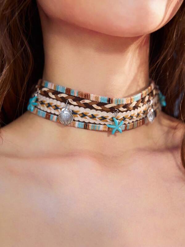 ROMWE Avant 1 Stück boho-blaues Seestern-Silber-Muschelkopfband, farbiges Linienmuster Kopfbedeckung, lässiger vielseitiger einzigartiger Styling Accessoire
