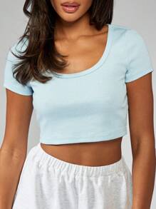 MISSGUIDED ملابس علوية قصير بياقة مستديرة مخطط، قطعة أساسية مناسبة للصيف، قصير الأكمام، ملائم للتمارين الرياضية، قطعة أساسية من جيرسيه مطاطي - الأزرق - مشاهدة 6