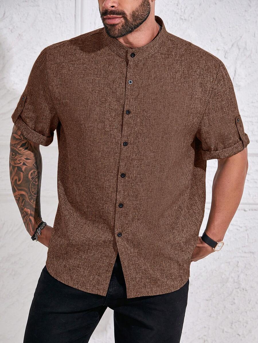 Manfinity Homme Plus Size Men Regular Fit Solid Color Rolled Sleeve Single Breasted Casual Shirt - Brown - View 1