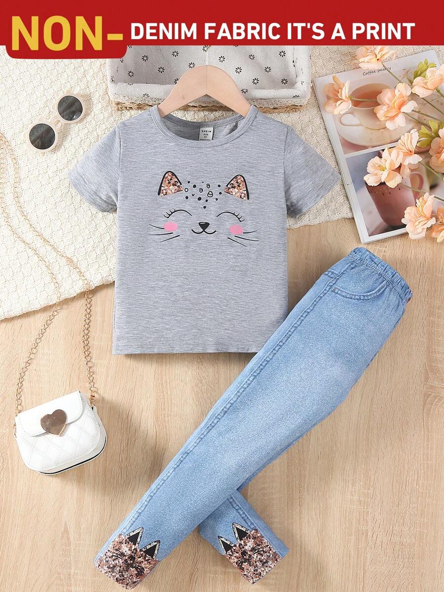 Elladie kids Young Girls Cute Cat & Smiling Face Print Denim-Effect T-Shirt & Pants 2Pcs Set, Suitable For Casual, Sports, Daily Wear In Summer - Multicolor - View 1
