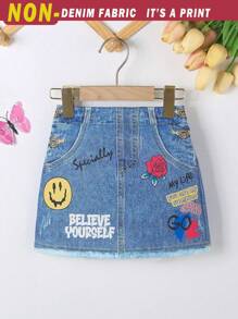 SHEIN New Arrival Spring/Summer Girls Casual 4-7 Years Old Young Girl Outdoor Party Wear Denim Effect Printed Star Pattern A-Line Skirt